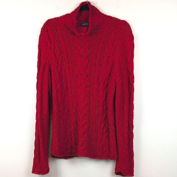 Ralph Lauren Cable Knit Mock Neck Fishermans Sweater Madison Red Size L - Picture 8 of 9